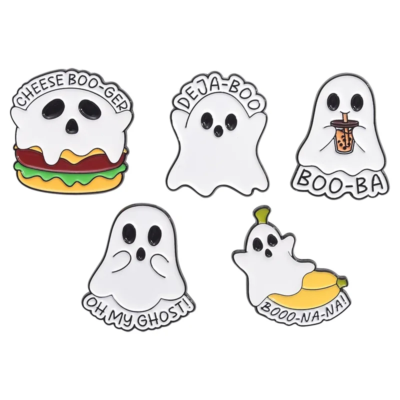 Cartoon Spooky Cheese Boo Ger Enamel Pins Funny Oh My Ghost Hamburger Boo Brooch Backpack Lapel Badges Jewelry Gift for Friends