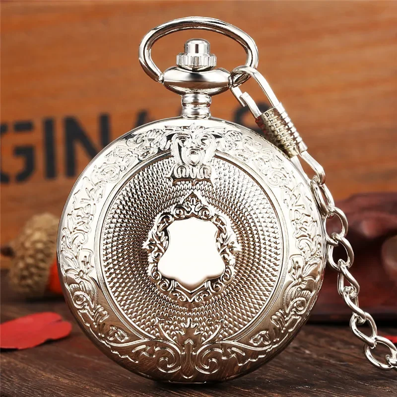 Antique Engraved Shield Cover Black/silver/gold/bronze Men Women Roman Number Quartz Analog Pocket Watch Pendant Chain Clock