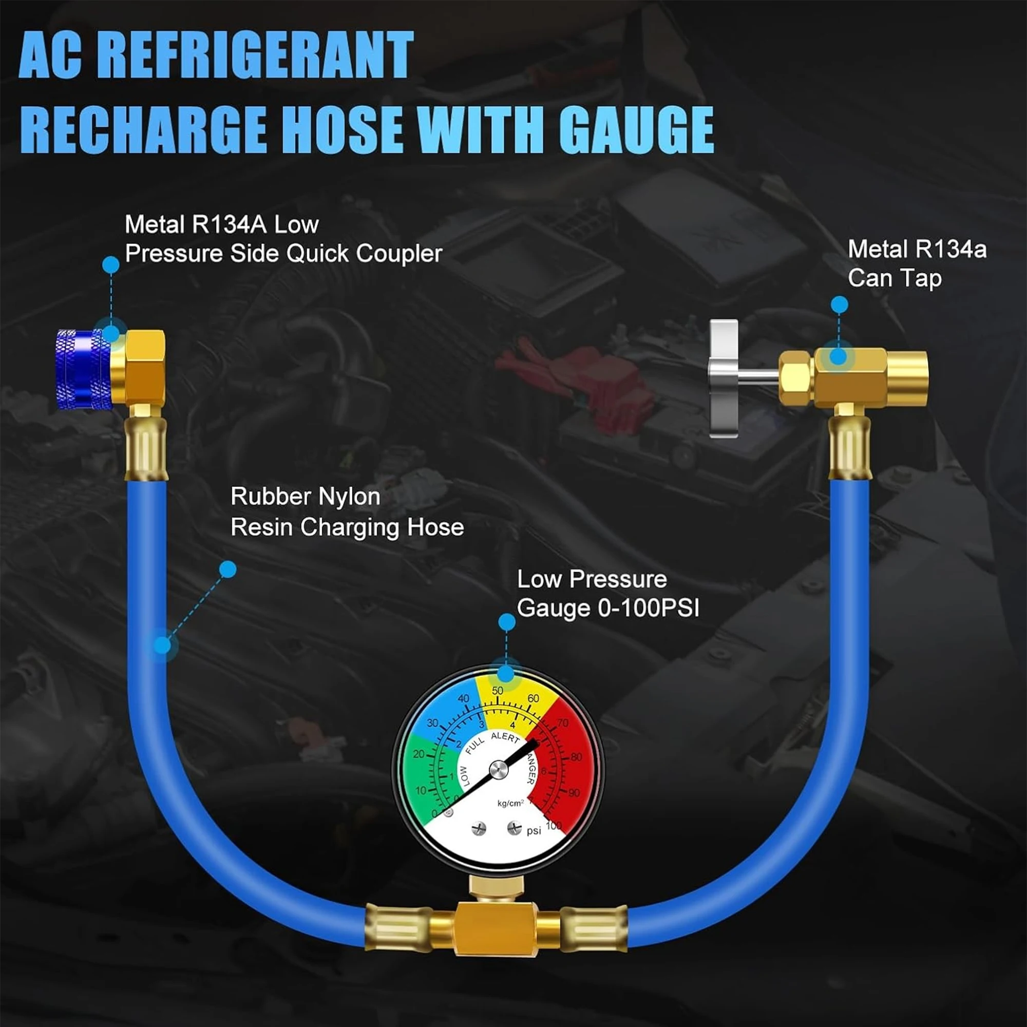 Tuyau de charge de gaz réfrigérant R134A A/C, avec manomètres, tuyau de remplissage en caoutchouc pour climatiseur de voiture