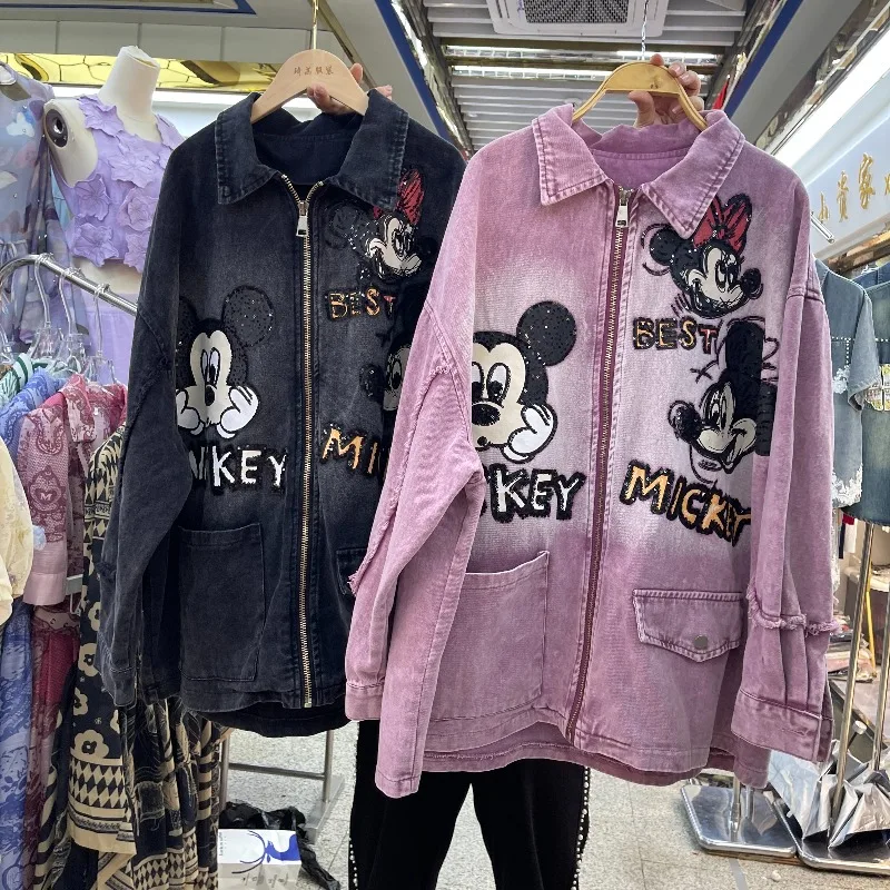 2025 Autumn New Heavy Industry Cartoon Y2k Denim Cardigan Jacket For Women's Loose Casual Top Long Sleeved Single-Breasted Coat