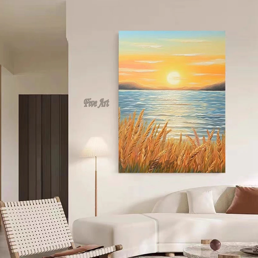 Golden Wheat Beautiful Sunset Canvas Handmade Oil Painting High Quality Home Decoration Piece Wall Picture Modern Art No Framed