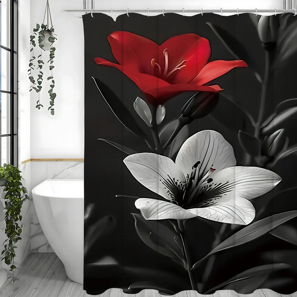

Red and White Flower Black Shower Curtain, Bathroom Decorative Shower Curtain, Waterproof Shower Curtain with Hooks