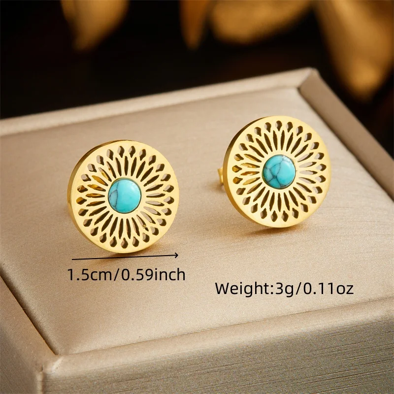 DIEYURO 316L Stainless Steel Tree of Life Turquoise Golden Necklace Earrings For Womens 2024 New Party Gift Fashion Jewelry Set