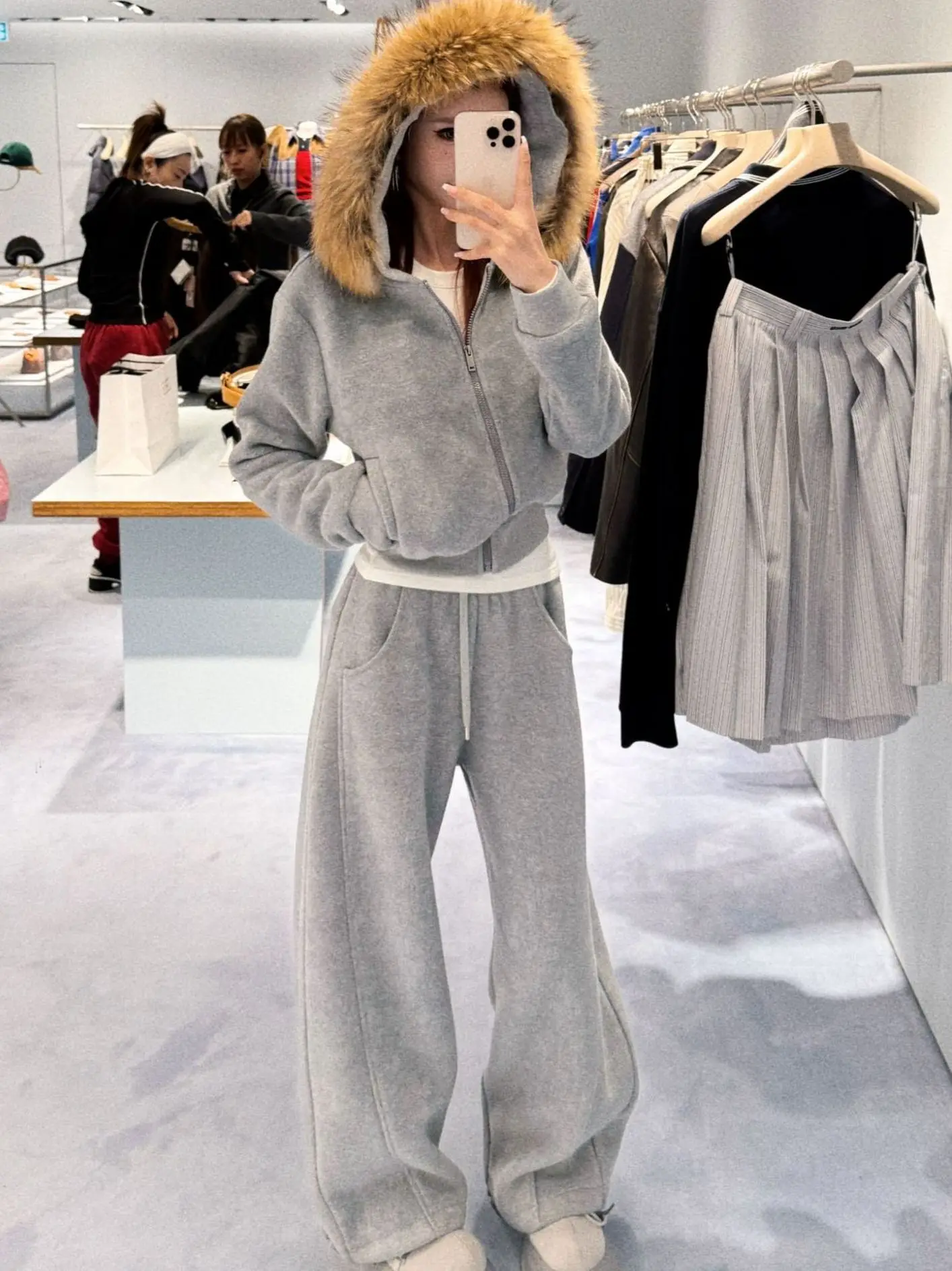 

Casual Fur Collar Wide Leg Pants Thiened Loose Fit Floor Length Trousers Autumn Winter Women's Faion Straight Cut Tro...