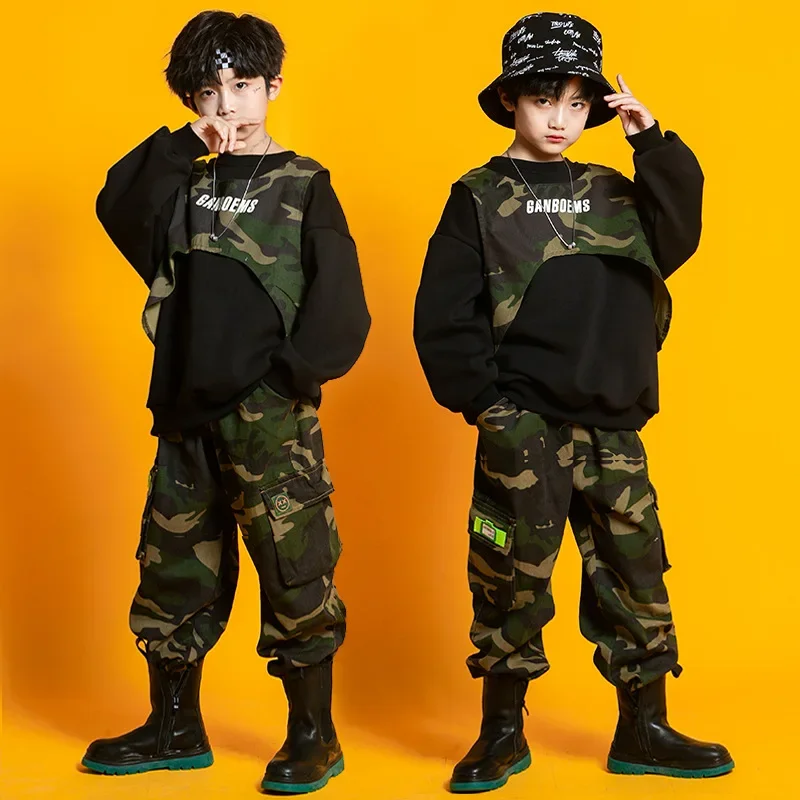 Pantalones Cargo tácticos de camuflaje para niño y niña, traje de baile de Jazz, ropa de Hip Hop, sudadera, chaleco, Top, ropa de calle