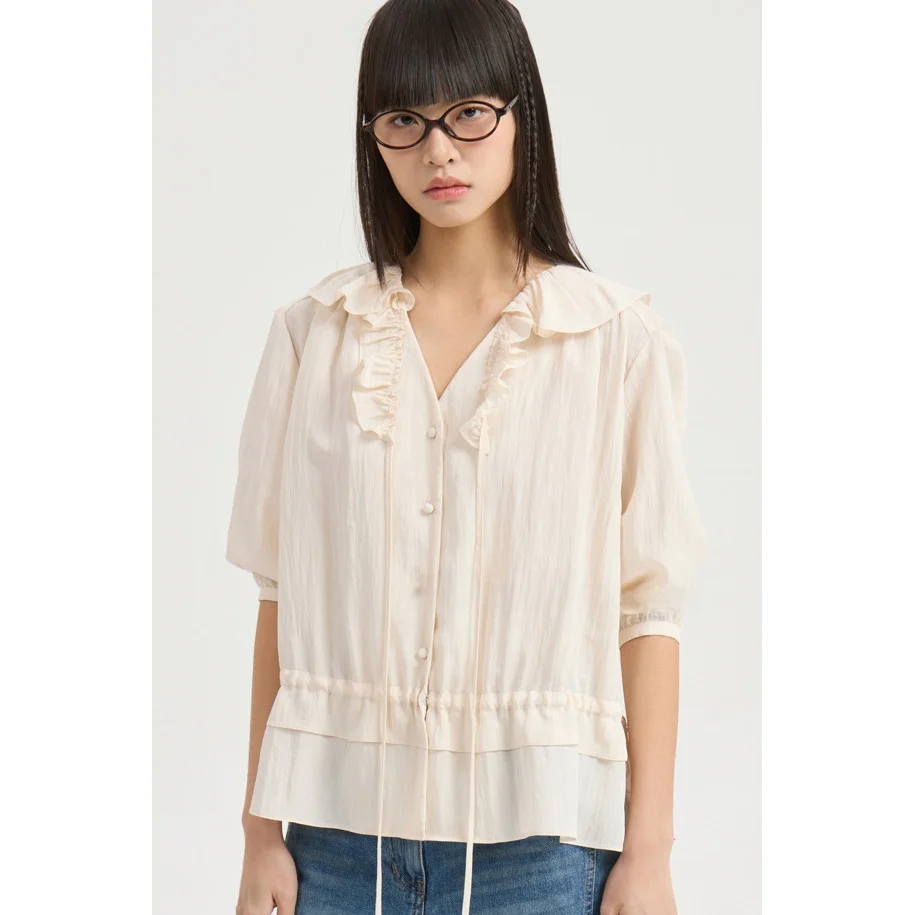 

Slimming Waistline Thin irt Stand Collar Pleated Commute Versatile Korean Sle Button Detail ort Sve Pure Color irt