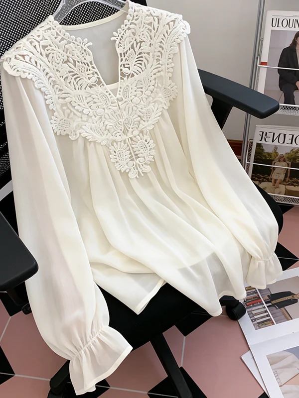 

Loose Lace Splice Chiffon Shirt Women's Summer New Style Korean Version Breathable Skin-Friendly Young Looking Top