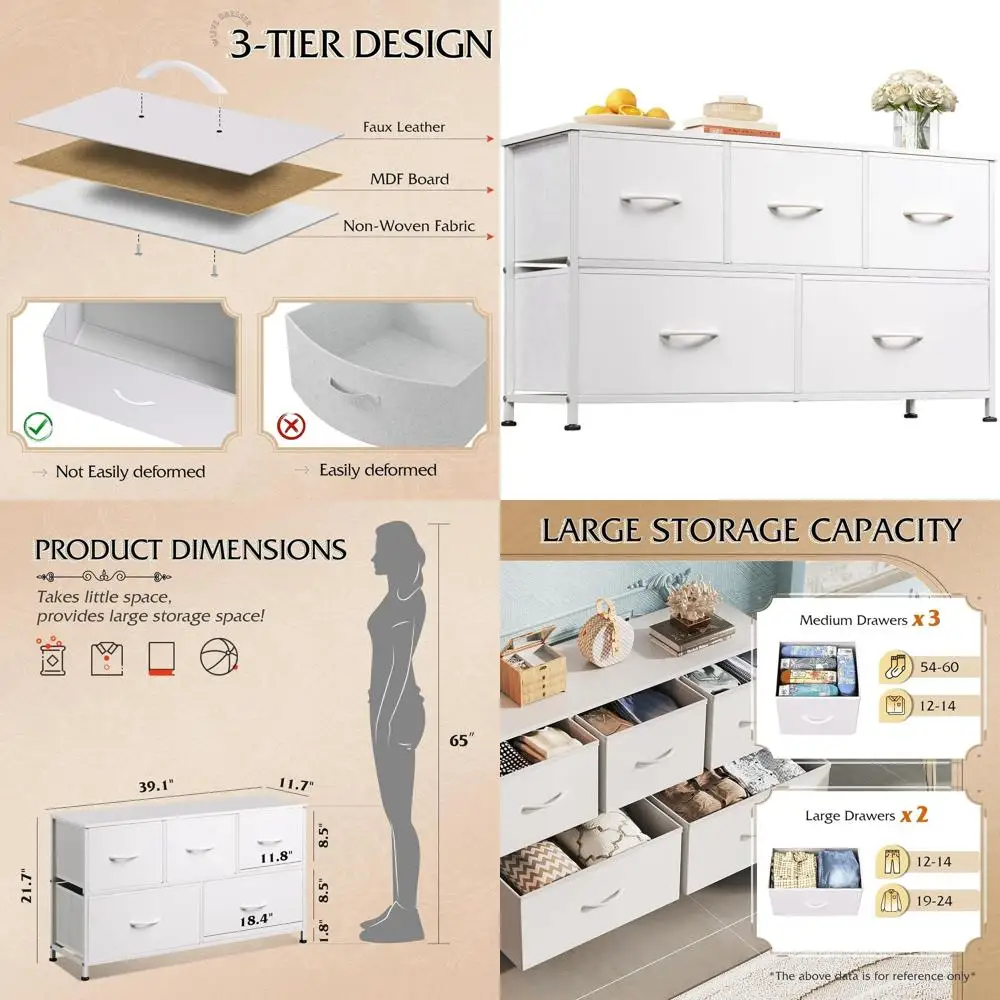 

5-Drawer Bedroom Dresser, Wide Storage Chest, Fabric Bin Organizer for Closets and Living Spaces, White