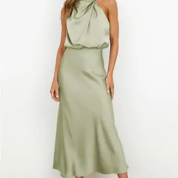 여성용 민소매 새틴 원피스 모크넥 주름 장식 칵테일 파티 맥시 원피스, 우아한 롱 웨딩 하객 이브닝 포멀 원피스, 여름 