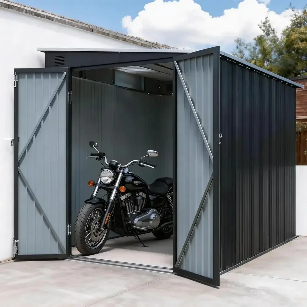 6x8 Lean-to Shed with Skylight, Double Doors, Metal Storage for Outdoor Tools and Waterproof Garden Storage
