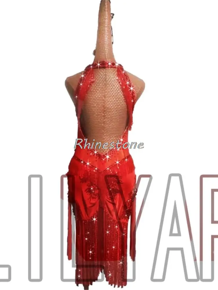 New Summer Performance Dress Competition Red Sleeveless Slim Fitting Sexy Dance Skirt