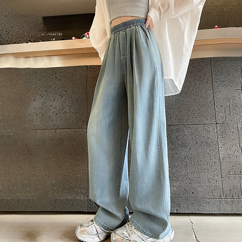 

Женские широкие джинсовые брюки с эластичной резинкой на талии, осень-зима, уличная одежда в стиле Харадзюку, прямые джинсы, женские простые свободные универсальные брюки