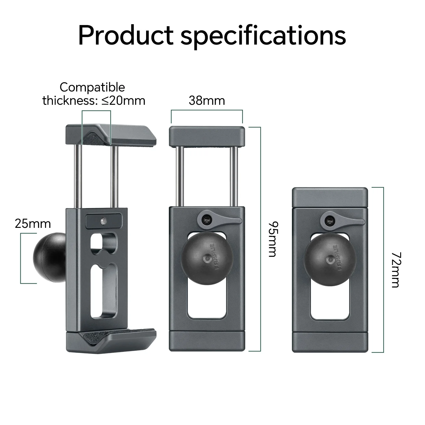 FANAUE Aluminum Alloy Motorcycle Bicycle Phone Clamp Holder Accessories 360° Rotation with 1 Inch Ball for RAM Mount