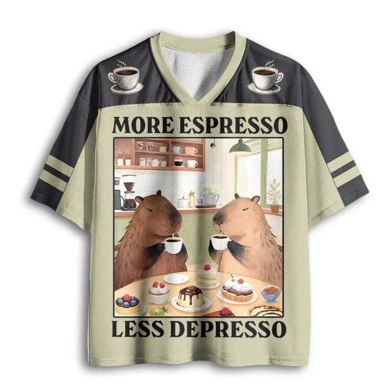 Summer Hot Selling Retro Fun Coffee Mouse Print V-neck Y2K Fashion Jersey for Adults and Children Plus Size Casual Sports T-shir