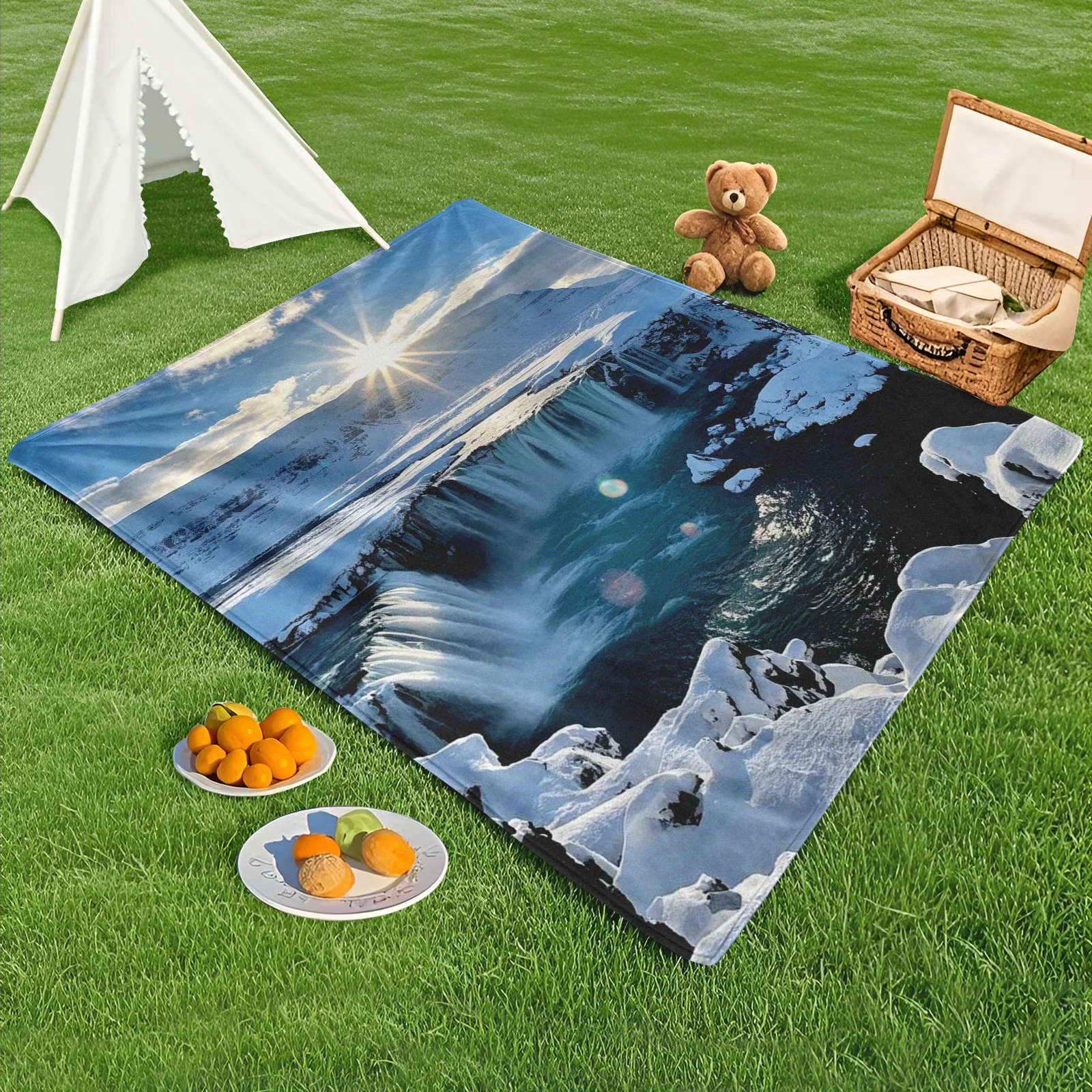 Icelandic Waterfall Ice Snow Sunlight Stream Outdoor Blanket For Scenic Exploration And Nature Relaxation