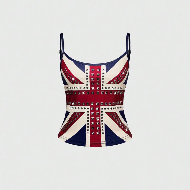 Fashion Rhinestone Flag Print Slim Sexy Versatile Classic Tank Top American Retro Harajuku Aesthetic Gothic Punk Sleeveless Vest