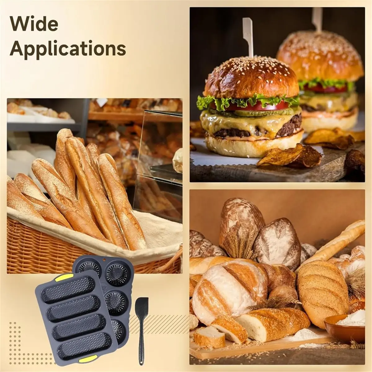 Silicone Pan and Hamburger Bun Pan Set,Non-Stick French Bread Baking Mold,Wave French Bread Baking Tray,with Scraper
