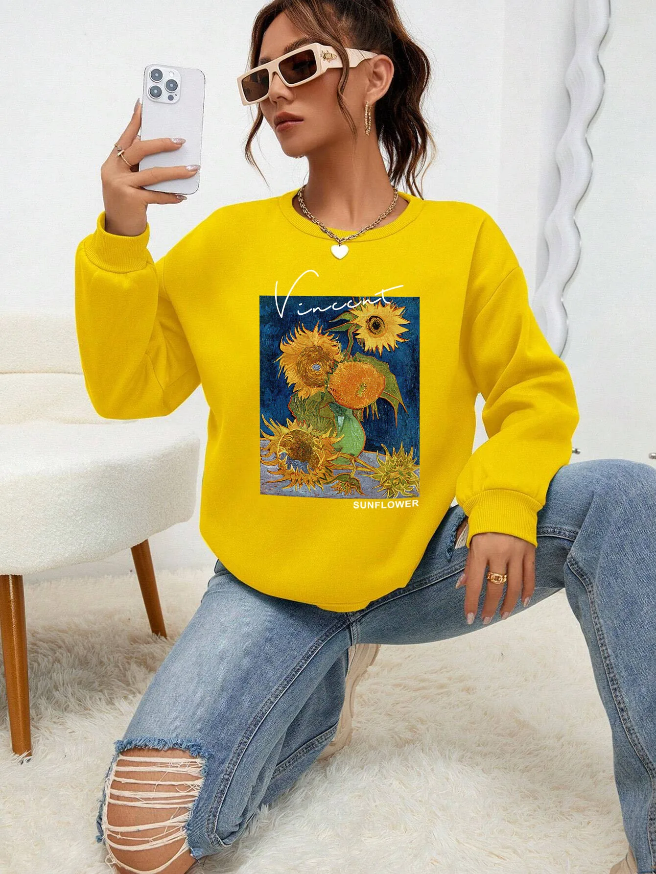 Van Gogh Sunflower Print Womens Hoodies Autumn New Sweatshirt Creative Comfortable Hoody Street Soft Fleece Female Sportswears