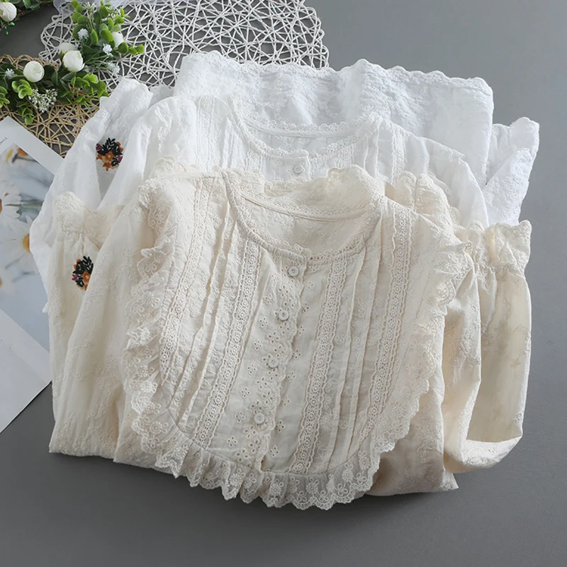 Spring Autumn Embroidered Cotton Blouse Women Clothing White Apricot Color Ruffles Long Sleeved Blouse Tops Mori Girl U024