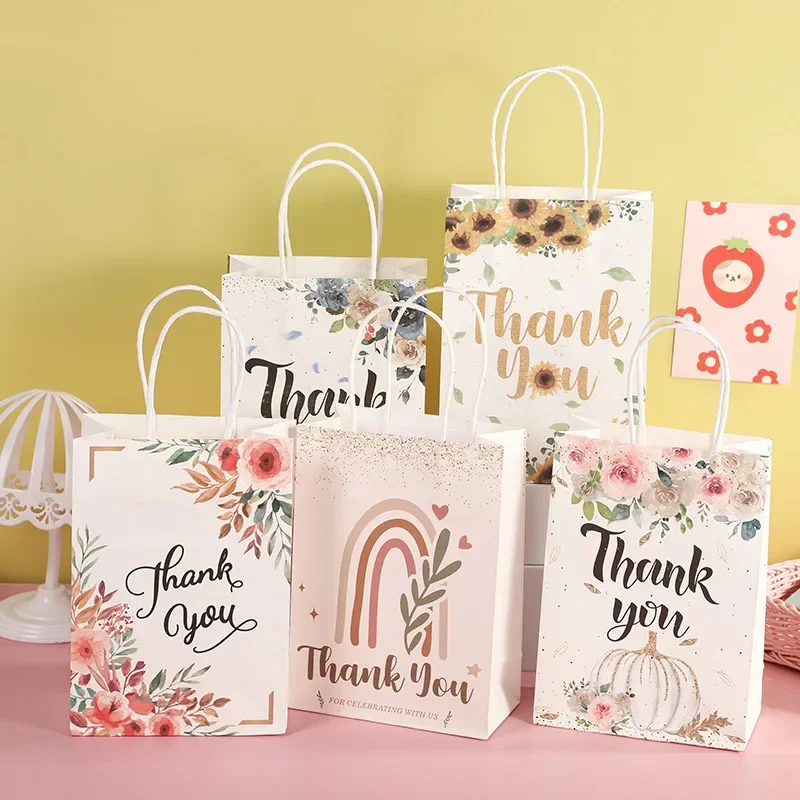 50pcs Portable Kraft Paper Handle Bags White Printing Thank You Gift Packaging Bag for Wedding Birthday Party Simple Candy Bags