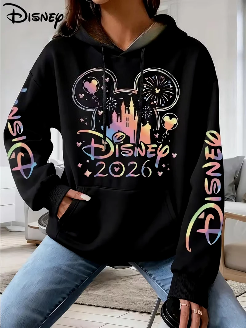 

Женские флисовые худи с принтом Дисней: Замок и Микки, хлопковые толстовки-пуловеры, осенне-зимние куртки с длинными рукавами, модель 2026 года