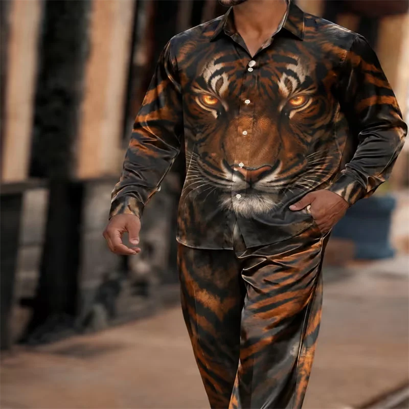 Men Luxury Black Gold Phoenix Print Satin 2 Piece Set Long Sleeve Lapel Shirt+Pants Men Casual Party Wedding Prom Outfit Elegant