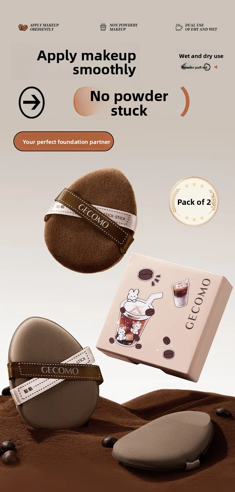 Ice Americano "Tie-Tie" Blending Sponge Double Star Set, Makeup Fit Dry & Wet Two-Way Soft Skin-Friendly Powder Puff.