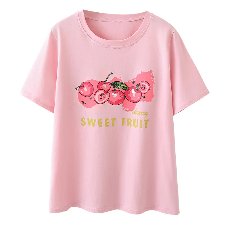 

Летняя женская хлопковая футболка больших размеров 2026 с круглым вырезом и принтом, повседневный свободный топ для пышных дам 2611