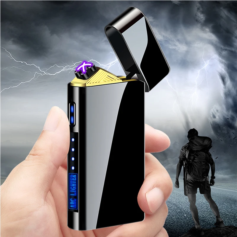 

USB электрическая металлическая ветрозащитная молния, беспламенная двойная дуговая зажигалка, светодиодная сенсорная зажигалка с зажиганием, новый подарок 2025 г.