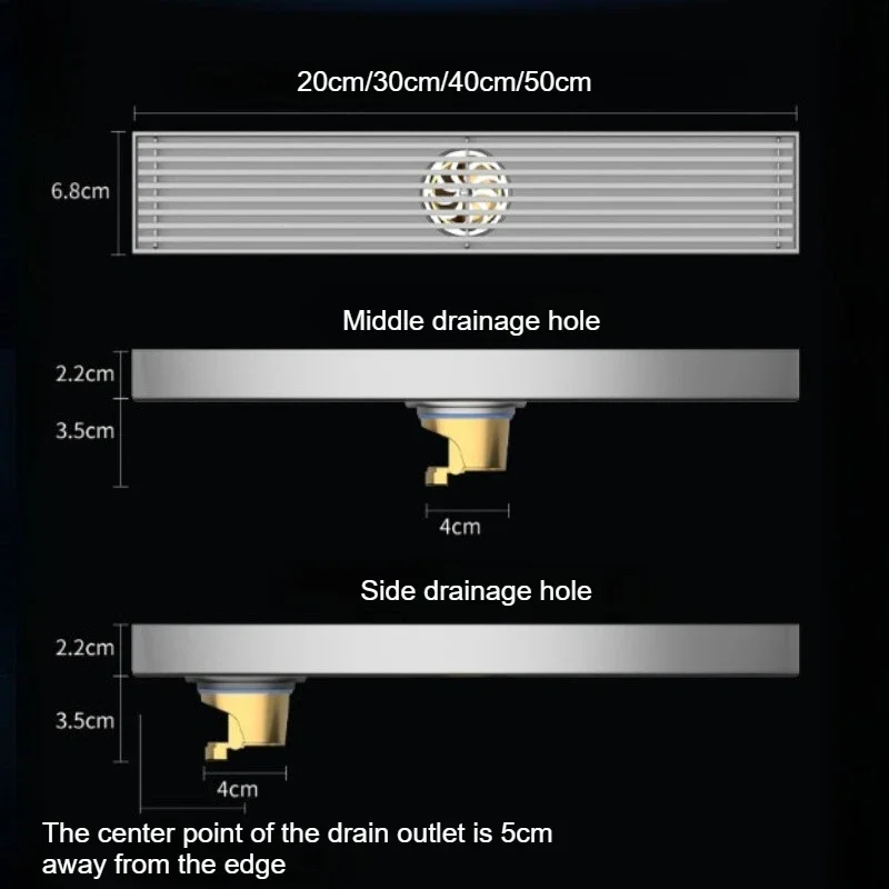 Bathroom shower gray long strip floor drain, black 50cm long, bathroom room 6.8cm wide displacement deodorant floor drain