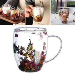 Creative Double Wall Glass Cup Real Flower Conch Flash Filler Glass Cups High Borosilicate Glass Cups with Handle Kitchen Supply