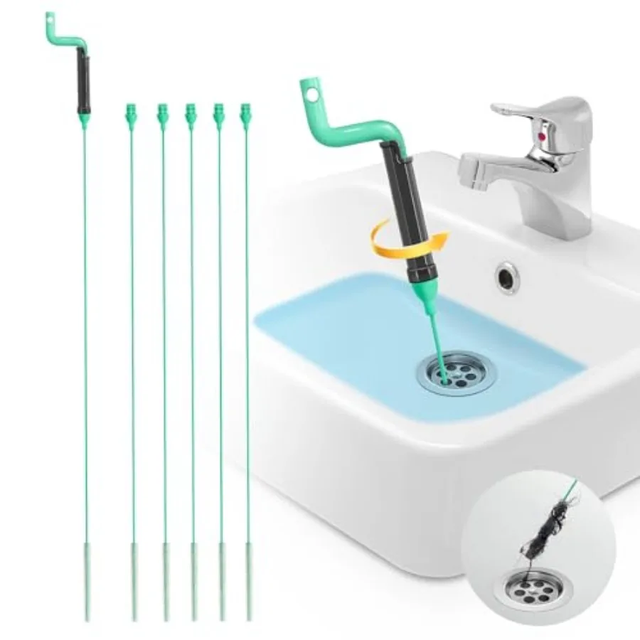

Drain Clog Remover Tool 30"Anti-break Steel Sink Snake Hair Drain Cleaner Tool, Plumbing Snake with Rotating Handle and 6 Refil