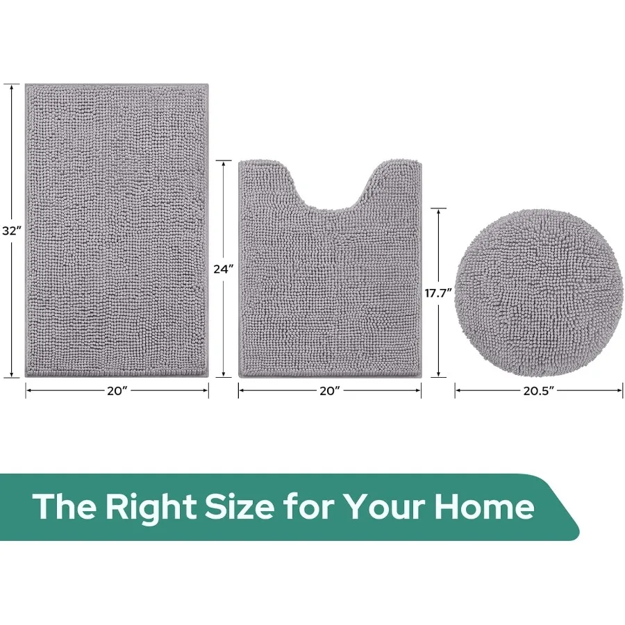 회색 욕실 매트 세트 3종 셔닐 욕실 매트 부드럽고 흡수성 좋은 미끄럼 방지 세탁 가능 욕실 매트와 변기 뚜껑 커버 포함 이상적인 선물