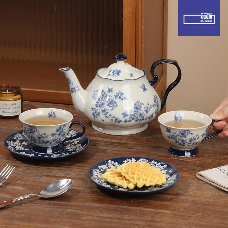 SOLECASA Brand Ceramic Tea Service, Elegant Blue and White Porcelain Tea Set, Complete Afternoon Tea Collection with Gift Box