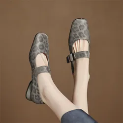 2025 New Spring/summer Leopard Print Cow Leather Woman Shoes Square Toe Low Heel Women Pumps Shoes for Women Mary Jane Shoes