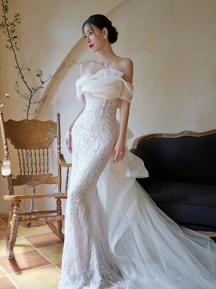 Fishtail Light New Wedding Dress Mori Style Sense Veil Temperament off-Shoulder Evening for Women