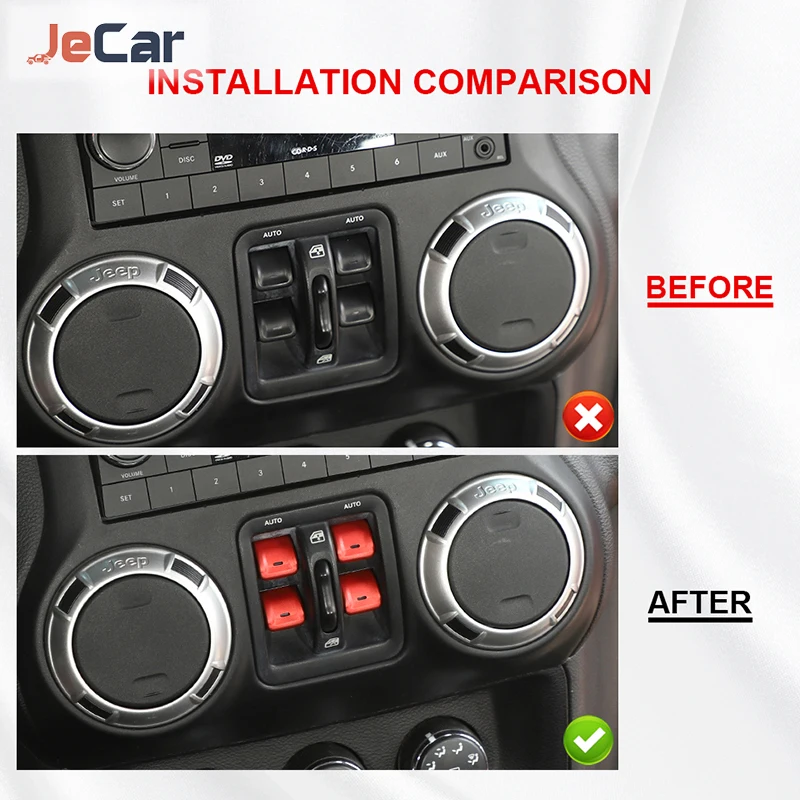 JeCar Aluminum Alloy Knob Decoration Cover For Jeep Wrangler JK 2012-2017 Window Lifting Switch Button Trim Sticker Accessories