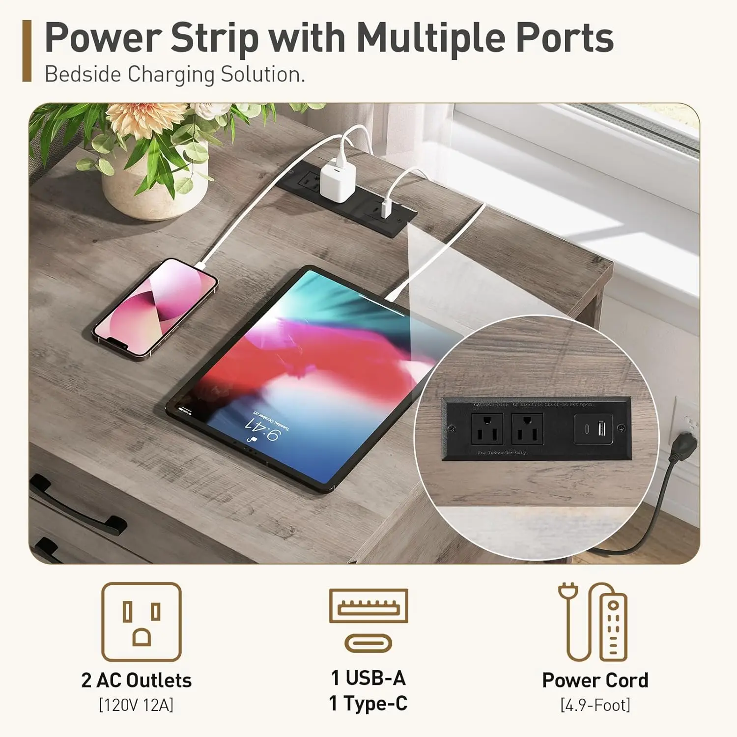 Mesa auxiliar de granja con estación de carga, mesita de noche cuadrada rústica de 24 pulgadas, 2 cajones, puerta de granero, verde