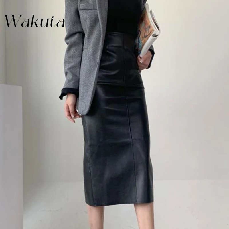 WAKUTA Autumn Winter Fashion After The Split PU A-line Leather Skirt Thin Temperament High Waist Package Hip Long Straight Skirt