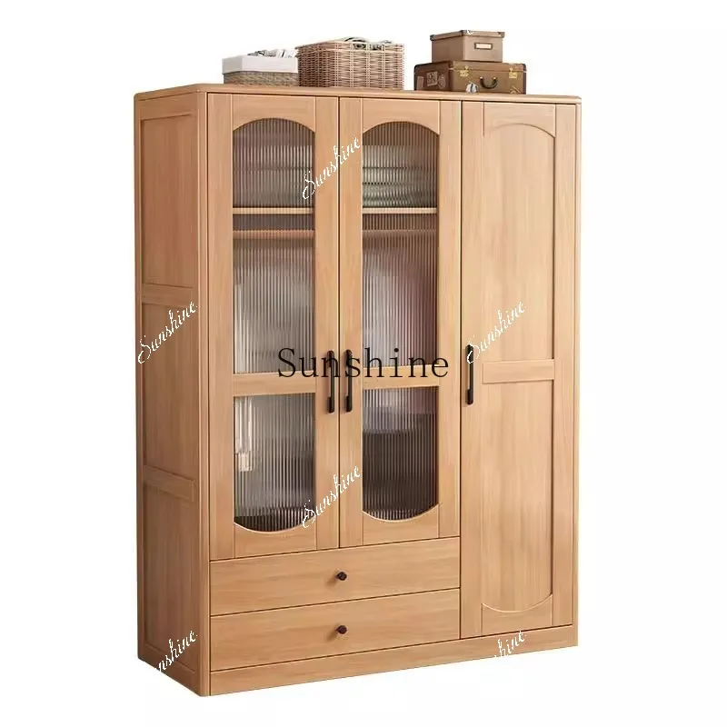Nordic solid wood wardrobe 1.3 meters small apartment 90CM double door wardrobe  FT