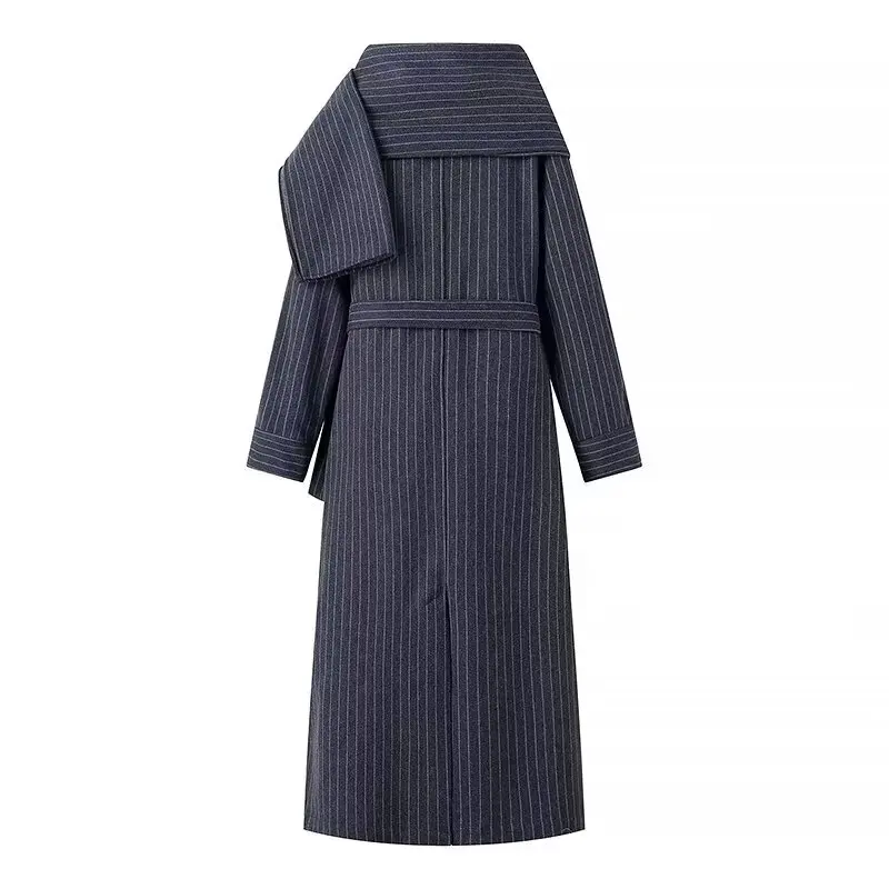 Tangada 2024 Winter Women Thick Warm Woolen Long Woolen Coat With Scraf Female Striped Overcoat JA047