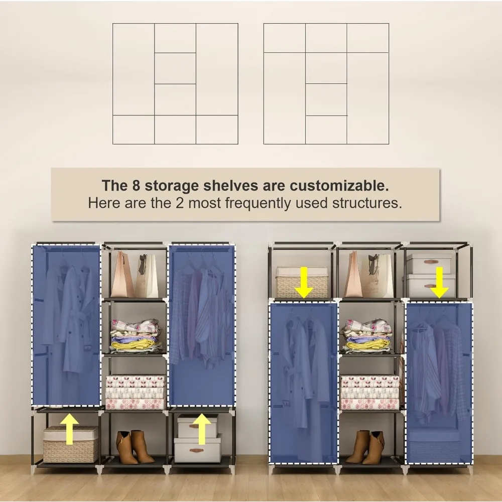 51 Inch Portable Closet Wardrobe, Clothes Rack Storage Organizer with Non-Woven Fabric Cover, 2 Clothes Hanging Rods