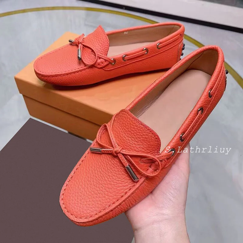 New Genuine Leather Round Toe Flat Shoes Women's Bow Knot Design Shallow Mouth Loafers Spring Autumn Versatile Walking Shoes