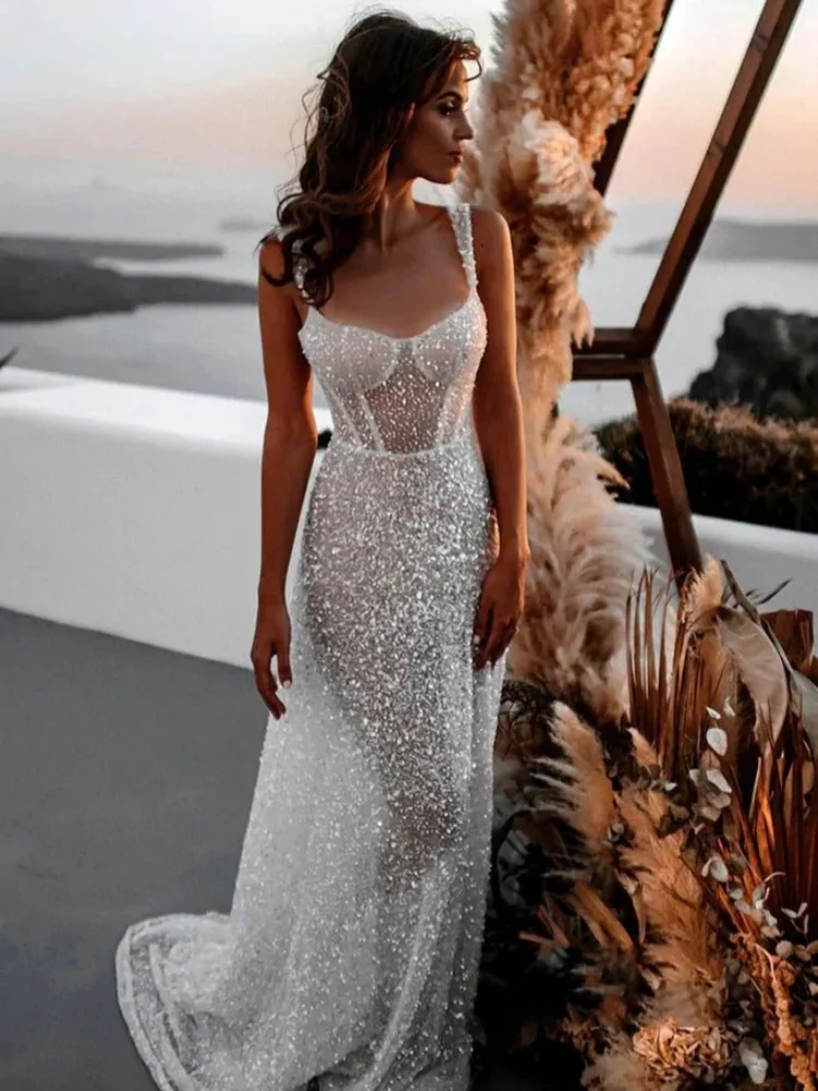 

Customized White Wedding Dress with Strap Transparent Tulle Sequins Slim Long Gown Shiny Sexy Romantic Scene Wedding