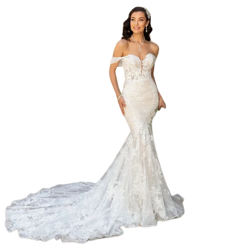 Boho ลูกไม้ชุดเดรสเมอร์เมดปิดไหล่ Ivory Appliques Gorgeous ชุดเจ้าสาวเปิดกลับยาวรถไฟชายหาด Vestido De