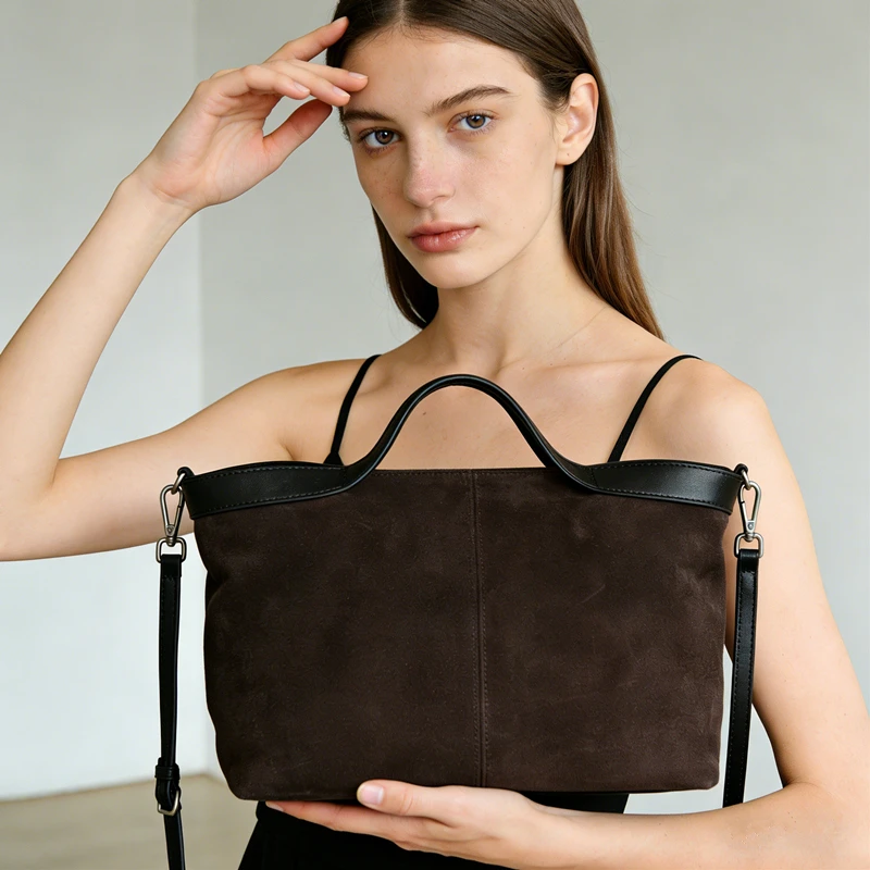 

Burminsa Cowhide Suede Genuine Leather Tote Handbags For Women 2026 Luxury Designer Satchel Work Ladies Shoulder Crossbody Bags