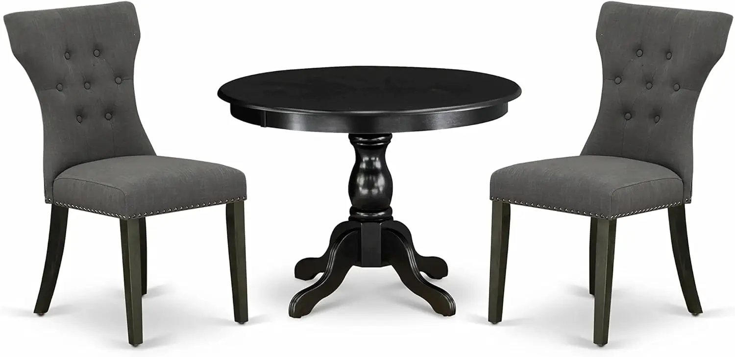 

3 Piece Set Contains a Round Dining Room Table with Pedestal and 2 Dark Gotham Linen Fabric Upholstered Parson Chairs