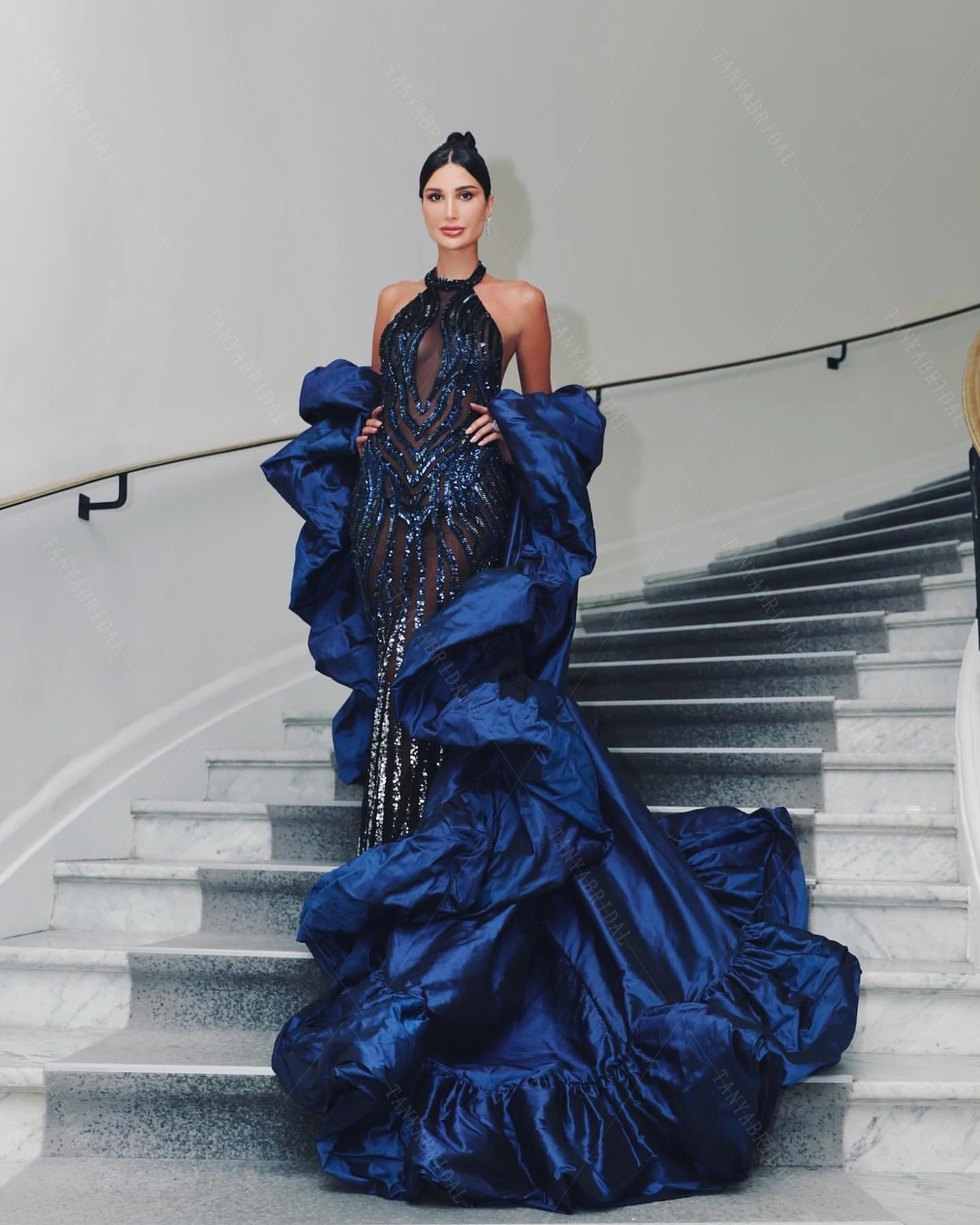 Navy Blue Taffeta Long Jacket Wrap With Ruffles Edge Fashion Cape Chic  DJ225