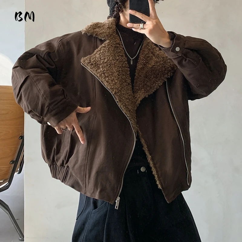 

Unisex Asymmetrical Zipper Jacket Sherpa Collar American Vintage Quilted Coat Winter Warm Heavyweight Cotton Filled Outdoor