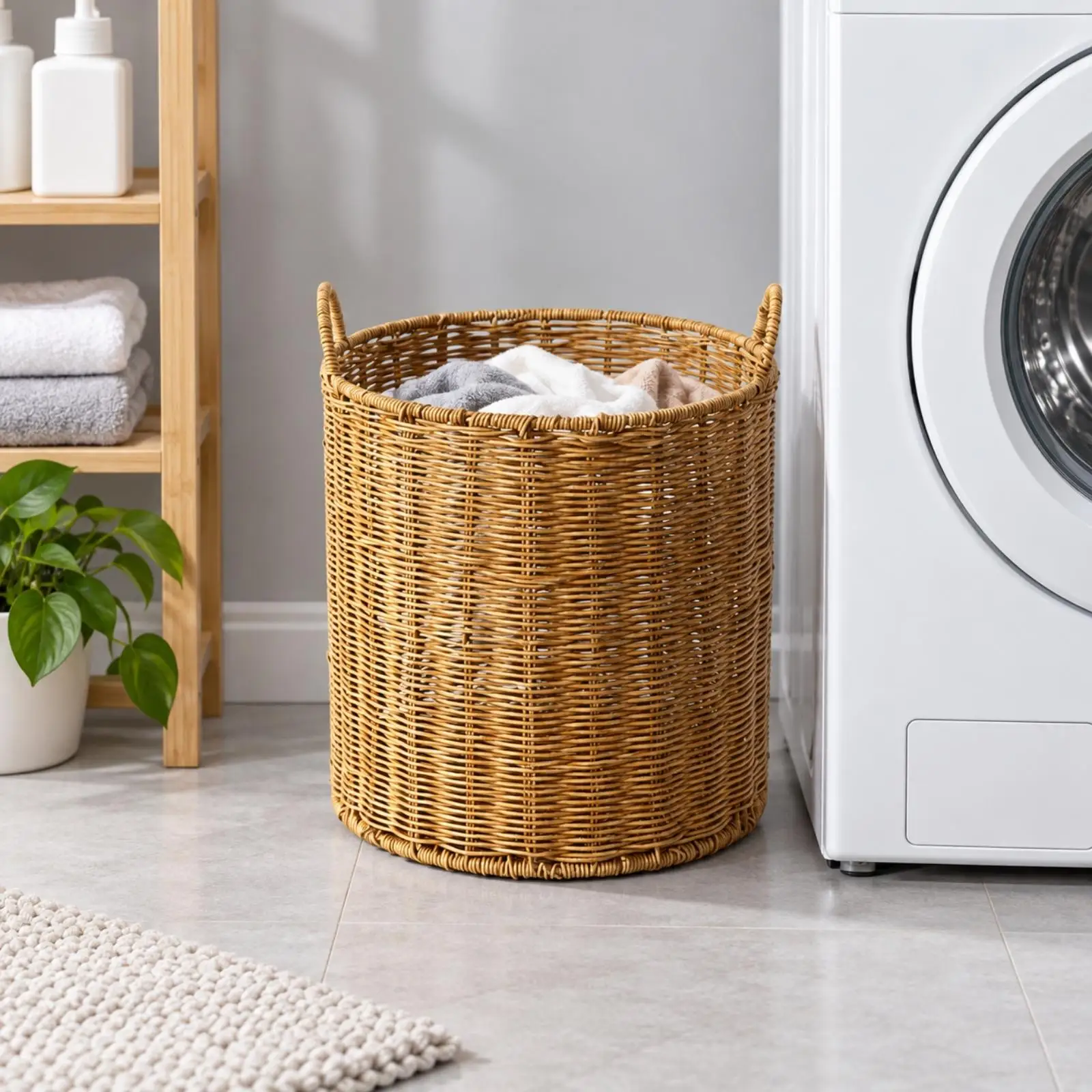 Laundry Basket for Home Organization Woven Rattan Hamper with Built in Handles Durable Storage for Towels Toiletries